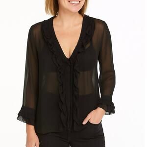 DKNY 100% Silk Sheer Black Ruffle Blouse Size 4 Y2K 90s Whimsygoth Rachel green